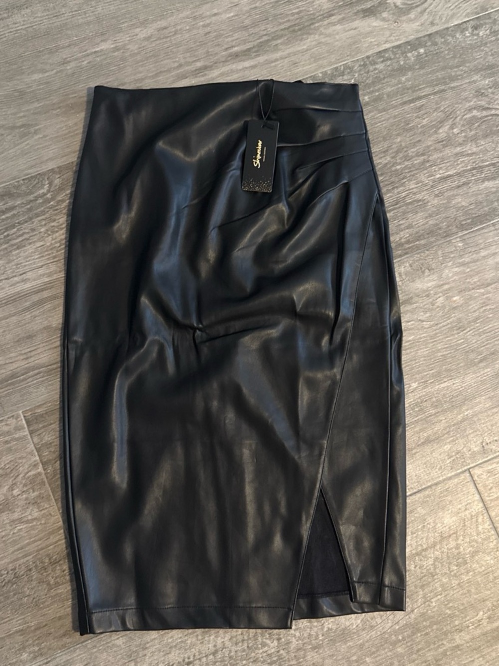 Shinestar Black Leather Pencil Skirt with Side Slit